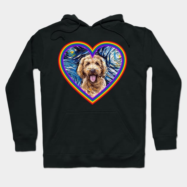 Goldendoodle inside a rainbow heart Hoodie by sagittariusgallery